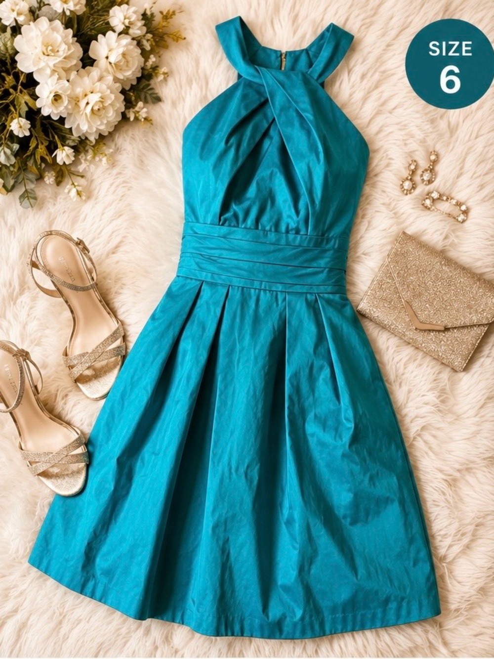 David’s Bridal Turquoise Halter Dress Size 6 Pleated Cocktail Dress w/ Pockets